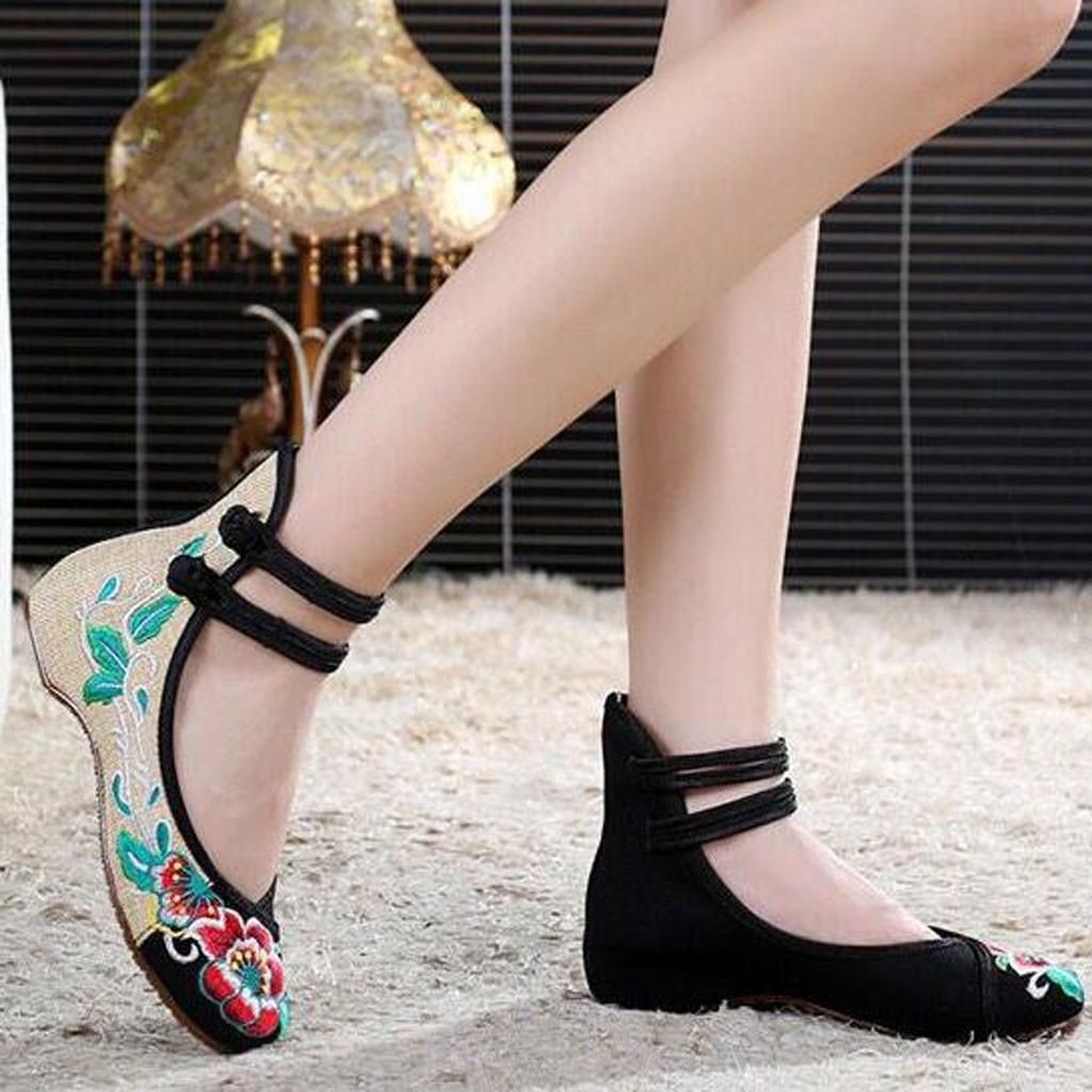 Womens Ladies Girls Korean Sandals for Women Women Embroidered Shoes High To Help Increase Ankle Double Strap Canvas Shoes Women Casual Flat Shoes Fashion Shoes Work