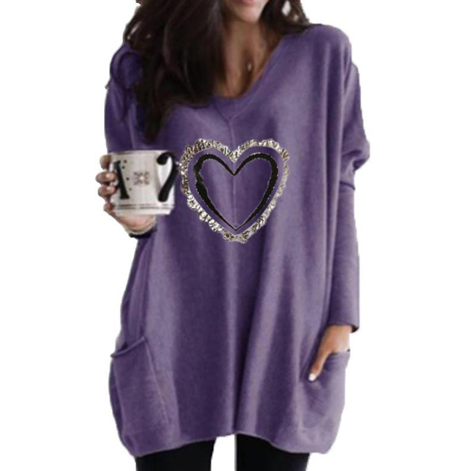 Women Sweatshirt Large Pocket Long Sleeves Solid Color Casual T-shirt