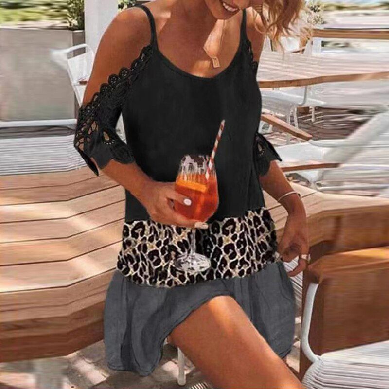 Sexy Leopard Print Hollow Out Mini Dress Summer Off Shoulder V Neck Strap Beach Dress Fashion Loose Women A-Line Party Dress XXL