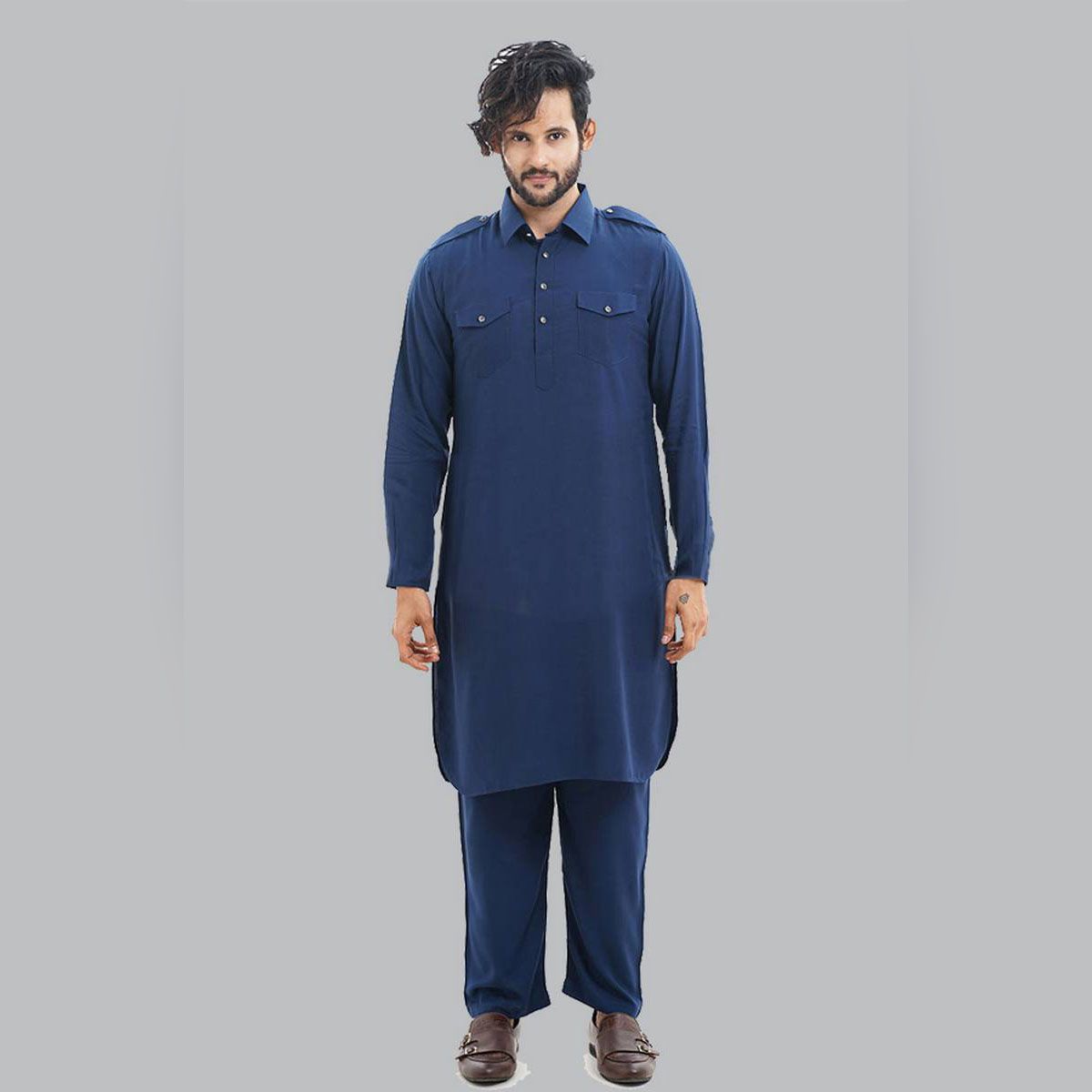 Fashionable Cotton Navy Blue Color Semi Long Kabli Set for Men