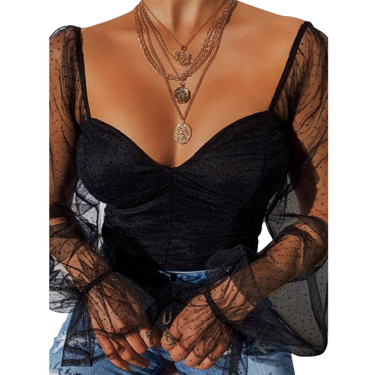 New Women's Glitter Sheer Mesh Top,  See Through Long Sleeve T Shirts Blouse Clubwear