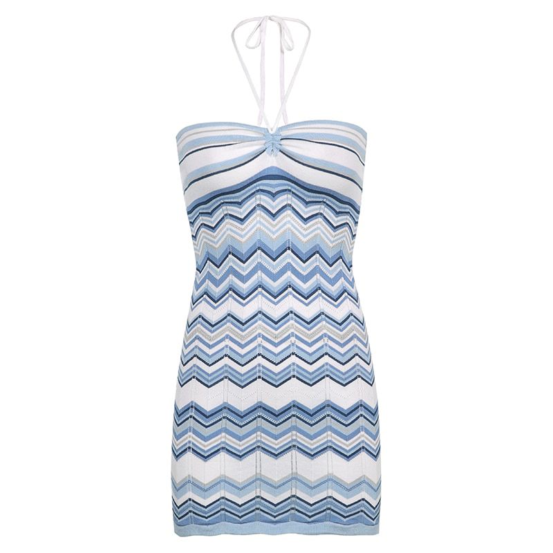 Vintage Wave Striped  Knitted Mini Dresses Aesthetic Cute Bodycon Halter Dress Summer Korean Cute Outfits Sexy Cuteandpsycho