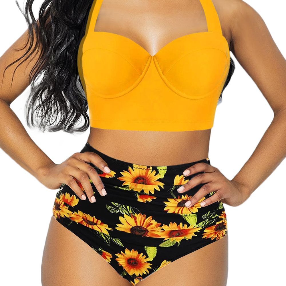 Summer Ladies Sunflower Printing  Swimsuit Bikini Adults Women Split Bikini Set Female Swimwear Beachwear