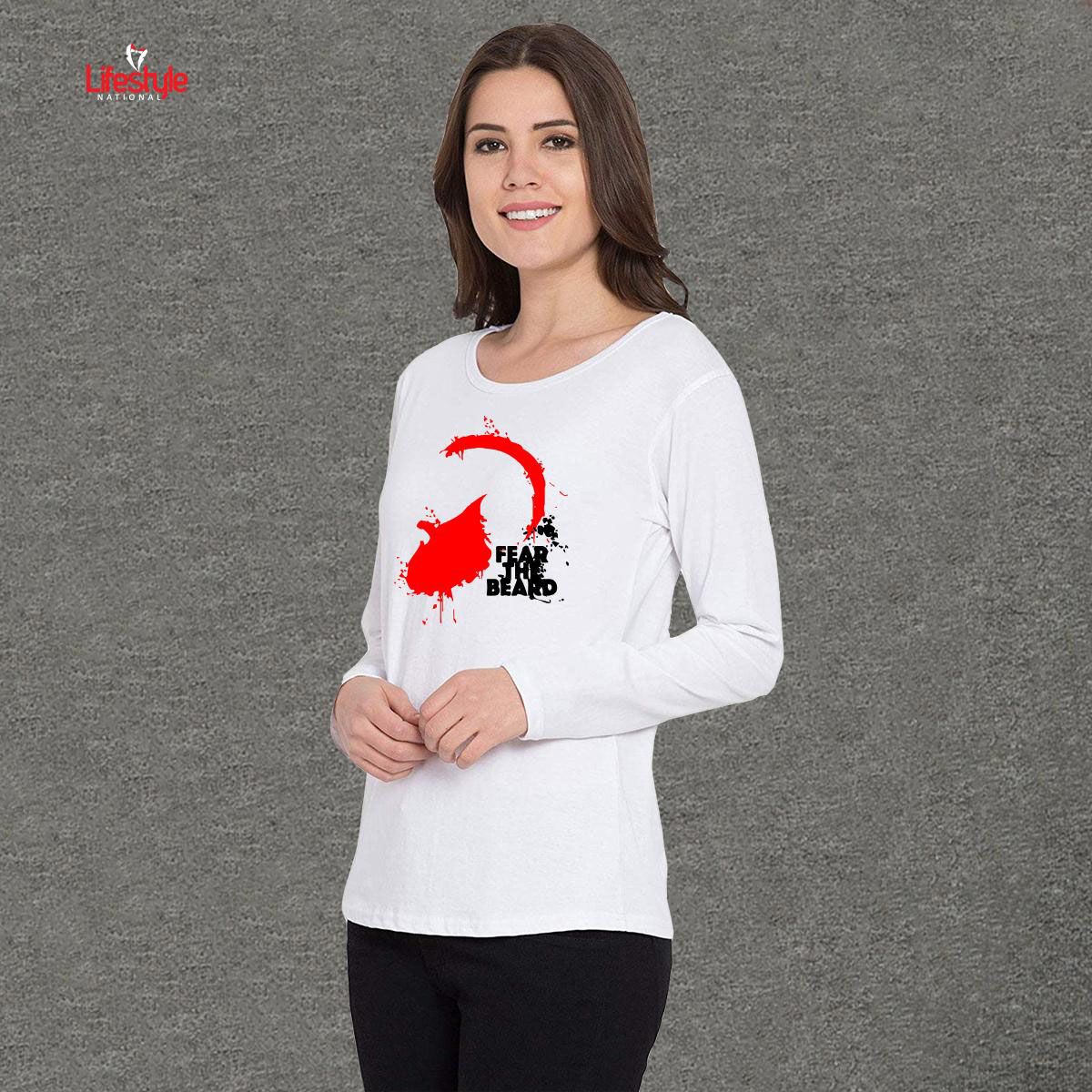 White Cotton Women Full Sleeve T-Shirt Code-LN5156T