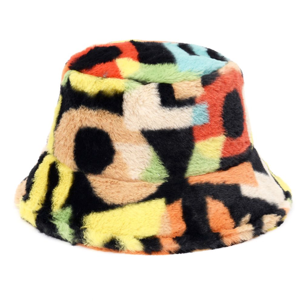 winter print Faux Fur plush bucket hats for women Outdoor Warm soft velvet Fisherman Cap Lady girl Fashion Panama