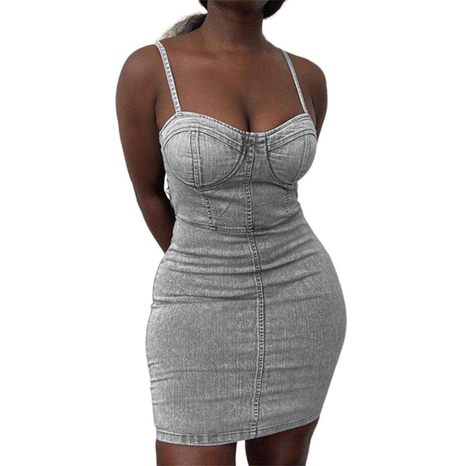 2021 Female Solid Color Dress, Suspender Sleeveless High Waist Tight Short A-line Skirts, Black/ Grey/ Bl