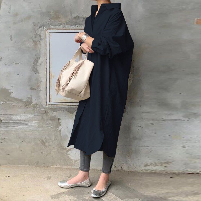 Women Autumn Sundress Elegant Long Shirt Dress Lapel Neck Long Sleeve Solid Vestido Casual Loose Work Dresses
