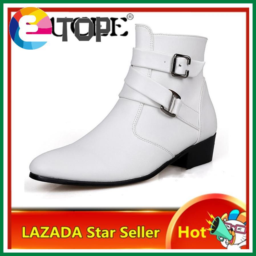 Men Pointed Leather Shoes Mid-Calf Boots Buckle Flats Shoes(white)【ping】