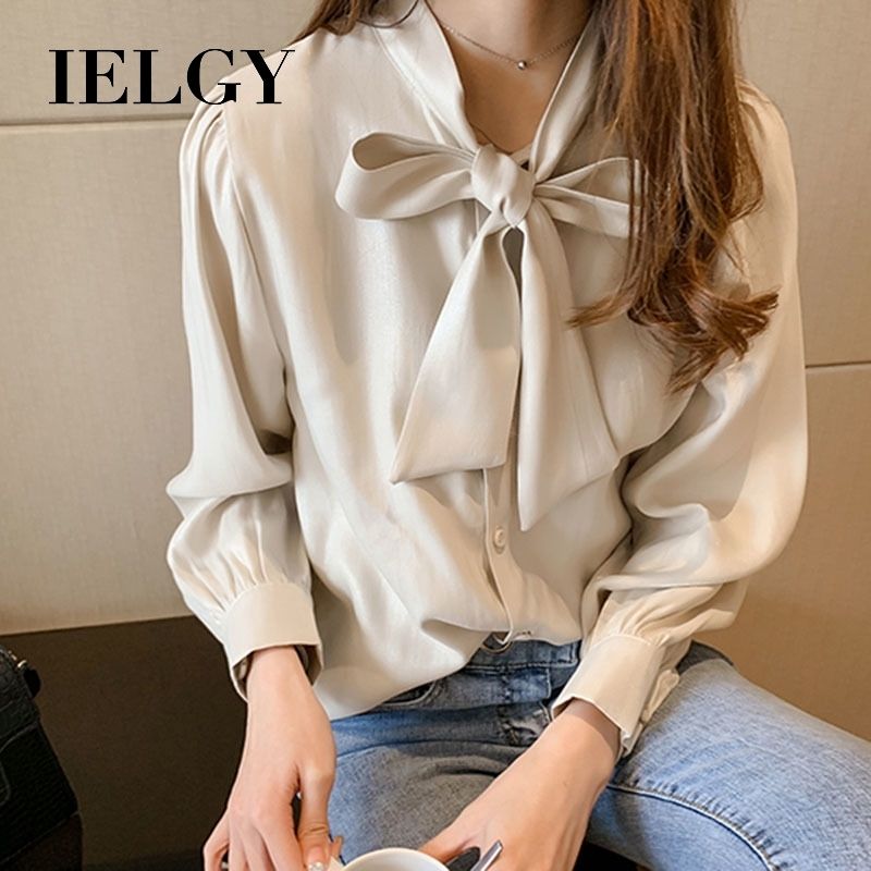 IELGY Fashion Lady Solid Color Bow Satin Shirt Long Sleeve Top Loose Thin Shirt Bottoming Shirt Tide