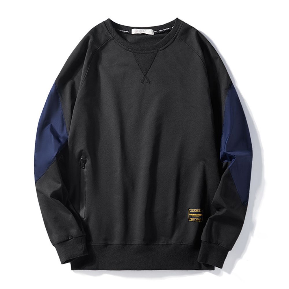 Men Casual Long Sleeve Patchwork O Neck Zip Pocket Loose Sweatshirt T-shirt Top