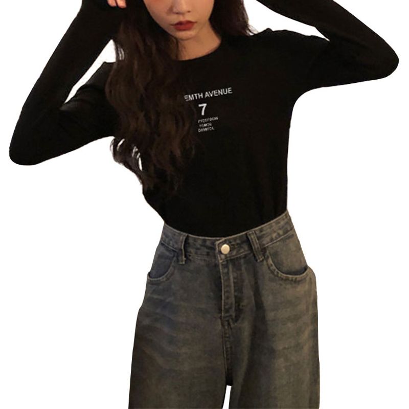 Women Slim Fit Pullover Top Round Neck Letter Print Blouse Casual Long Sleeve T-Shirt