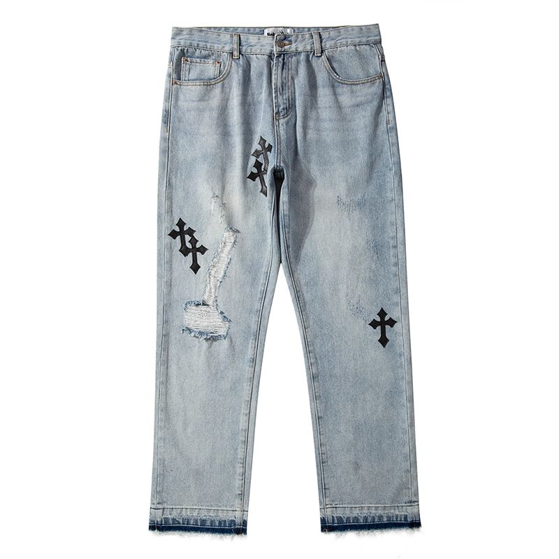Ripped Retro Hole Cross Embroidery Casual Denim Trousers Mens High Street Washed Straight Oversize Jeans Pants