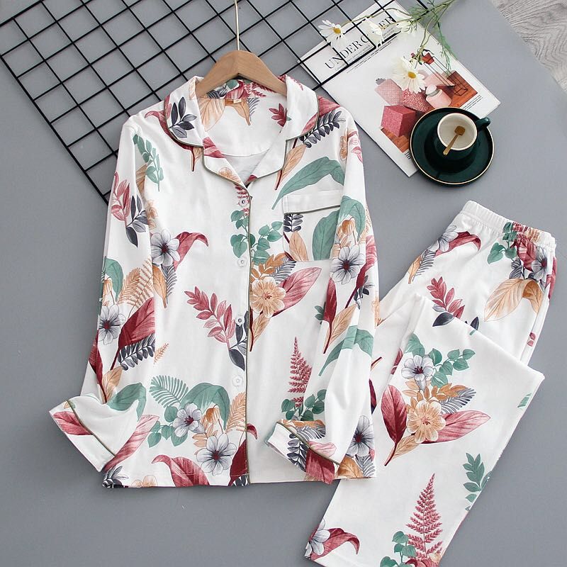Autumn  Ladies Pajamas Set Floral Printed Full Cotton Fresh Style Sleepwear Set Women Turn-down Collar Female Casual Homewear