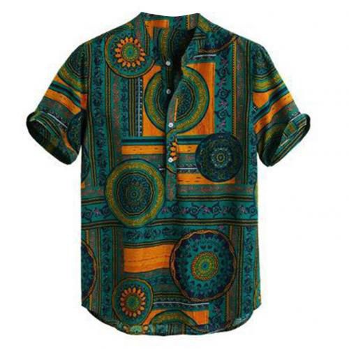 Summer Men Color Ethnic Geometry Print Short Sleeve Pullover Quality Casual Shirt Male Social Business Button Down Shirts