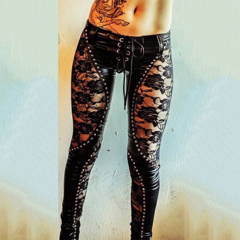 Vintage Black Drawstring Hollow Out Leather Skinny Pants Ladies Spring Winter High Waist Pencil Pant for Women Clothes