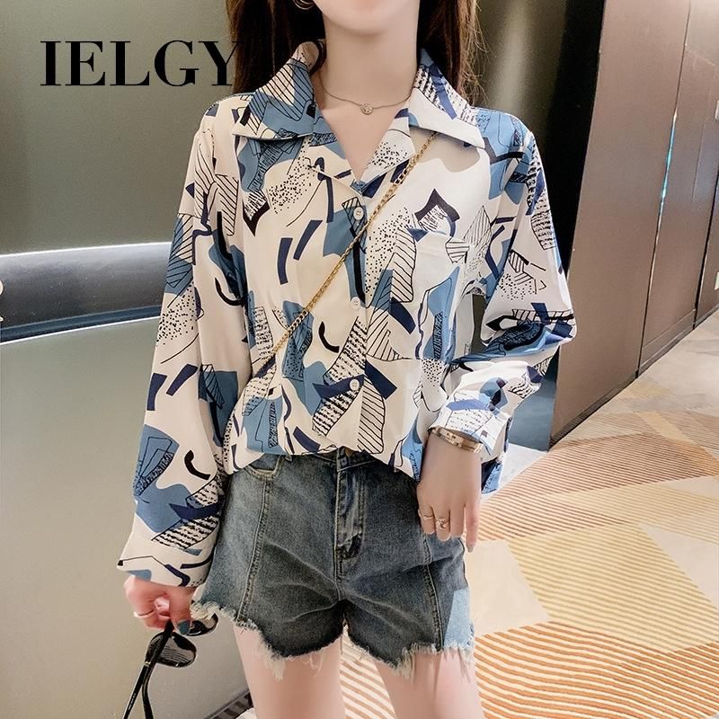 IELGY V-neck Korean version of the small fresh retro printed shirt long sleeves