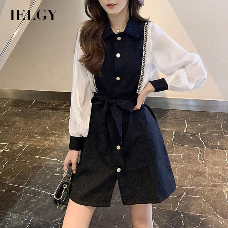 IELGY Women's clothes dress printed long sleeves stitching fashionable versatile slim casual black