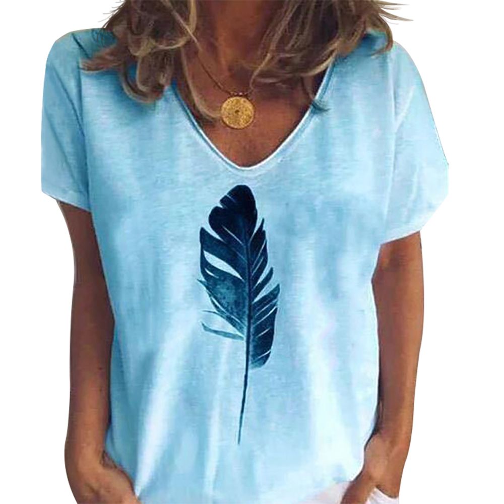 Women Summer Short Sleeve V Neck Feather Print Blouse T-shirt Top