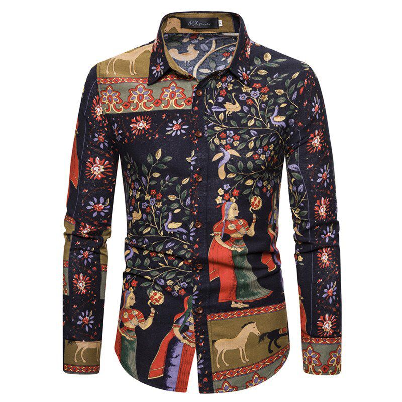 Luxury Floral Linen Shirt Men Long Sleeves National Design Printed Mens Hawaiian Shirts Dress Vintage Slim Fit Chemise Homme 5XL