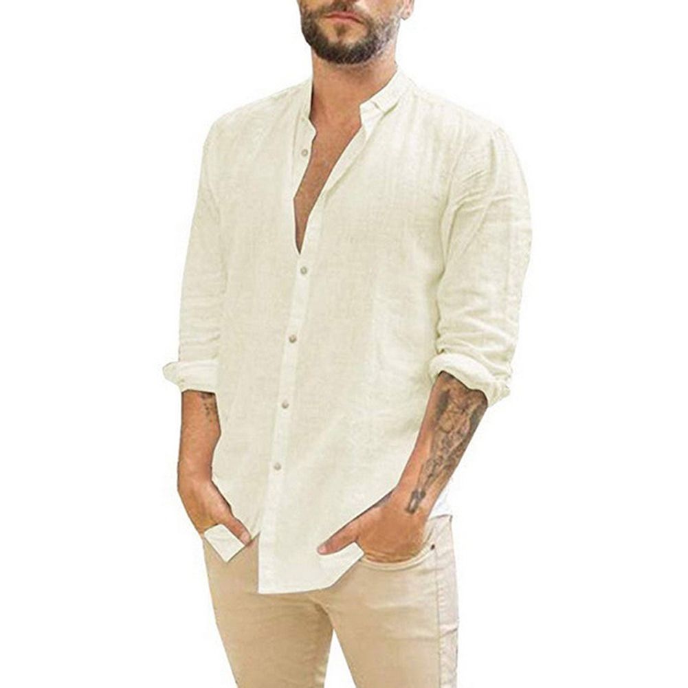 Yfashion Men  Shirt Linen Cardigan Solid Color Casual Stand-up Collar Long-sleeved Shirt color