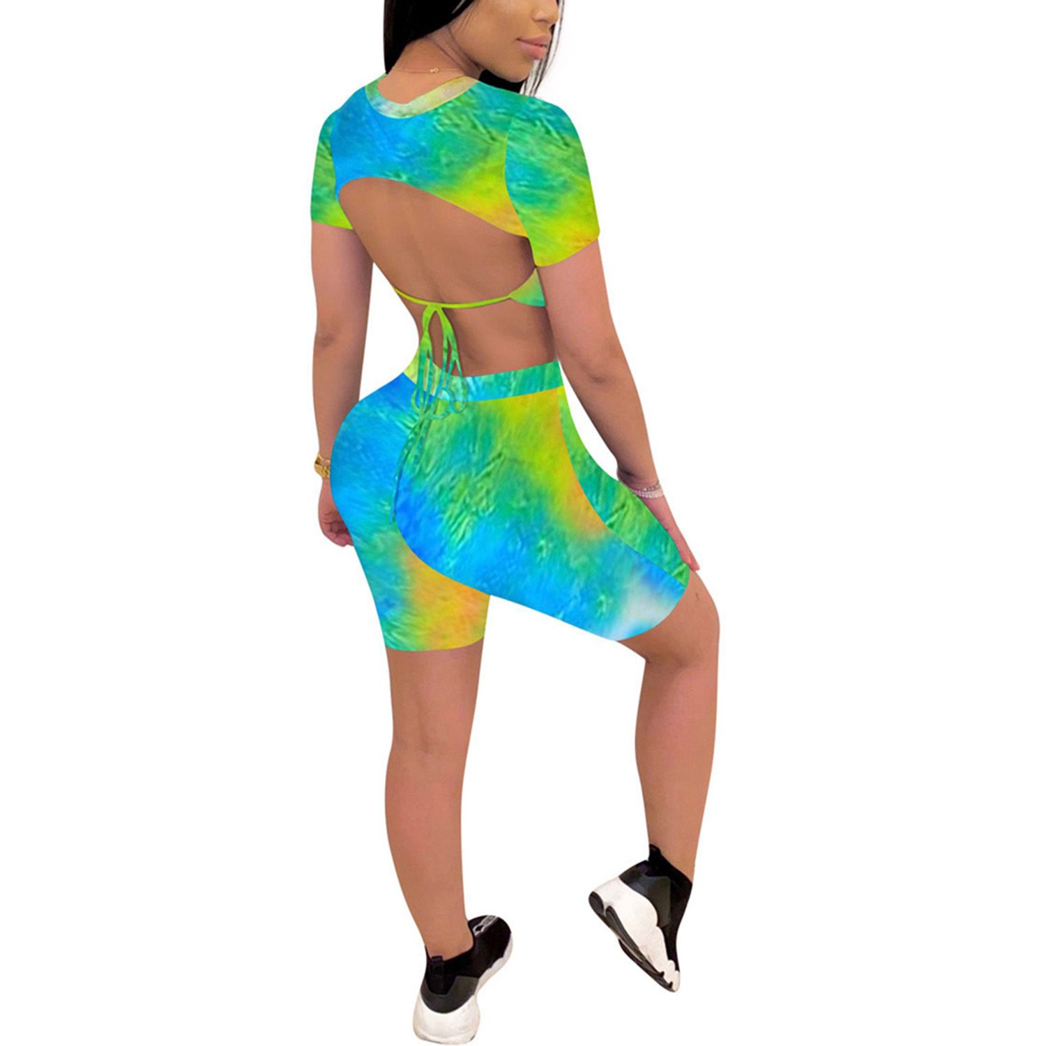 Women's Sports Two Piece Set Fashion Tie-dye Lace up Backless Pullover Top and High Waist Tight Shorts Suit