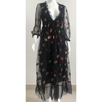 Plus size 5XL Women Black Pink Strawberry Sequined Dress v-neck Sweet Elegant Evening Party Formal Dress Classy Maxi Dress