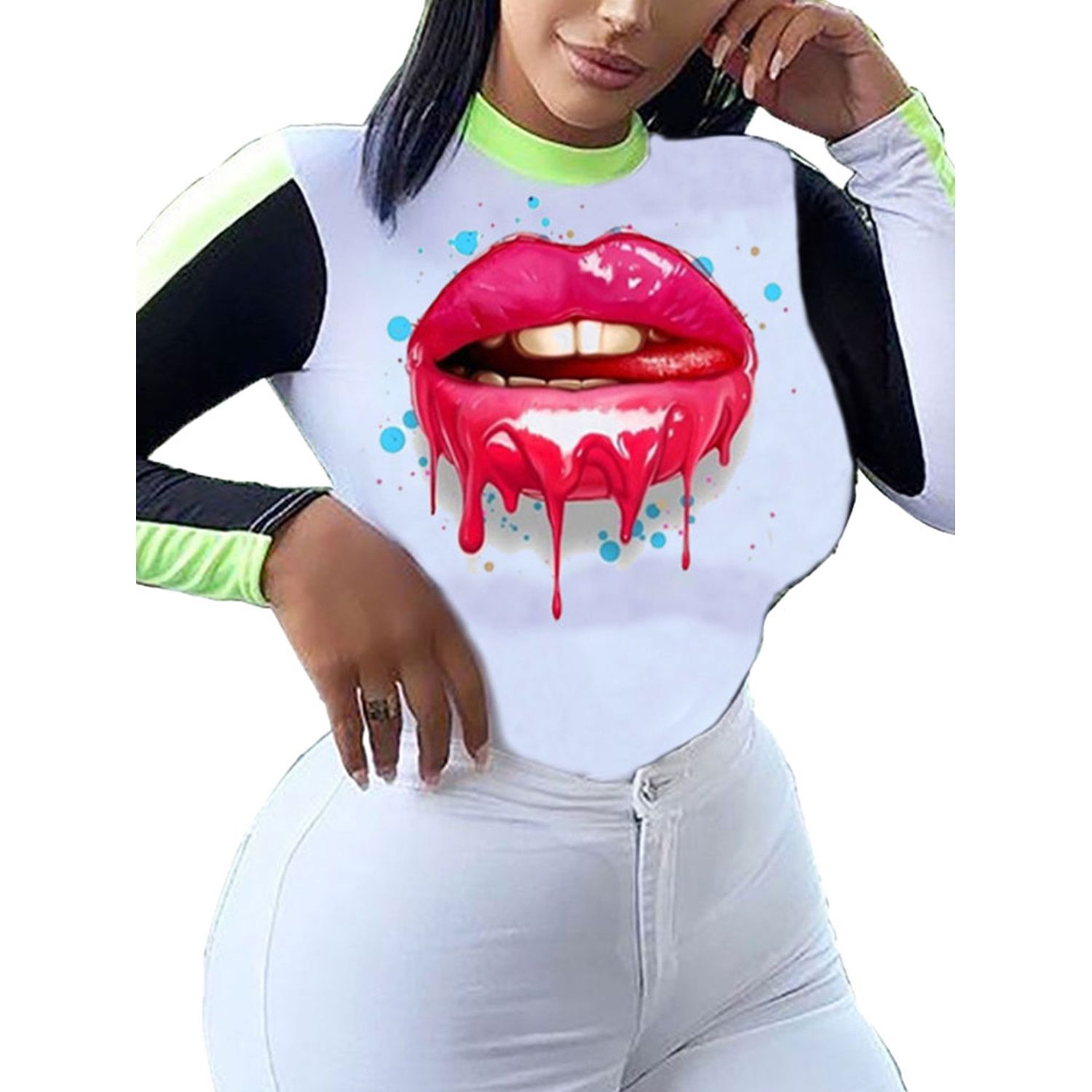New Women Autumn Clothes, Multicolor Lips Printed O-Neck Long-Sleeves Form-Fitting T-Shirt for Girls, 6