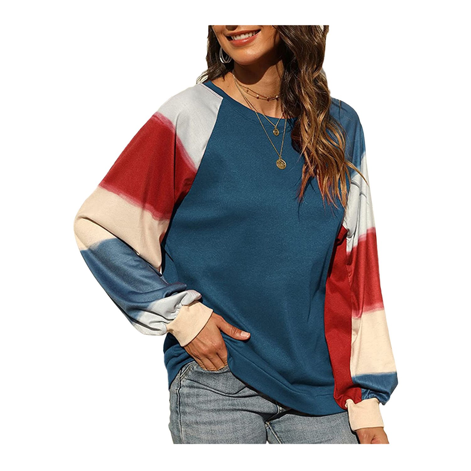 Women Color Block T-shirt, Adults Casual Long Sleeve Round Neck Pullover (White, Apricot, Blue, Red, Green)