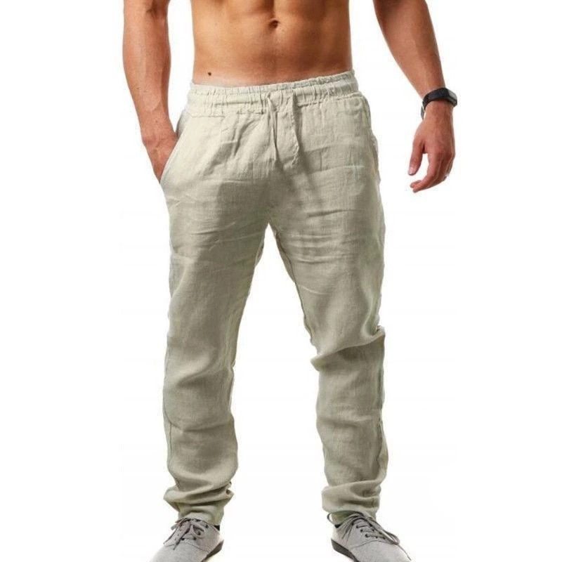 Men's Cotton Linen Pants Autumn Solid Color Elastic Waist Loose Long Trousers Male Hip-hop Breathable Fitness Pants