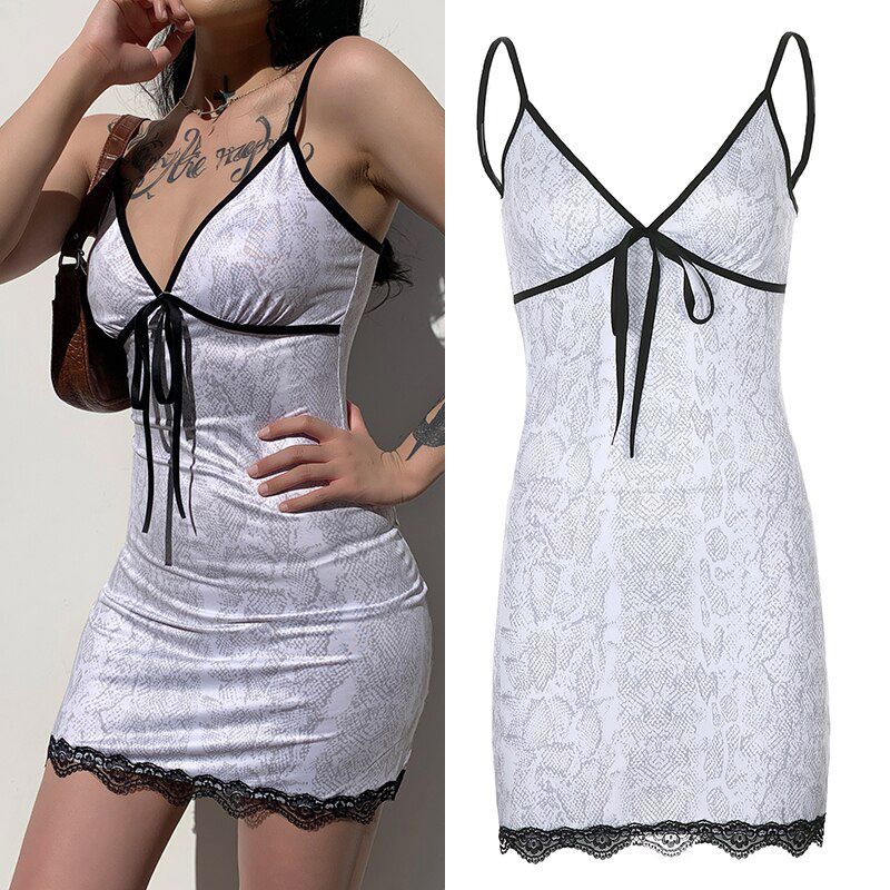 Streetwear Fashion Lace Edge V-Neck Split Bodycon Dress For Women Flower Print Aesthetic Female Mini Dresses