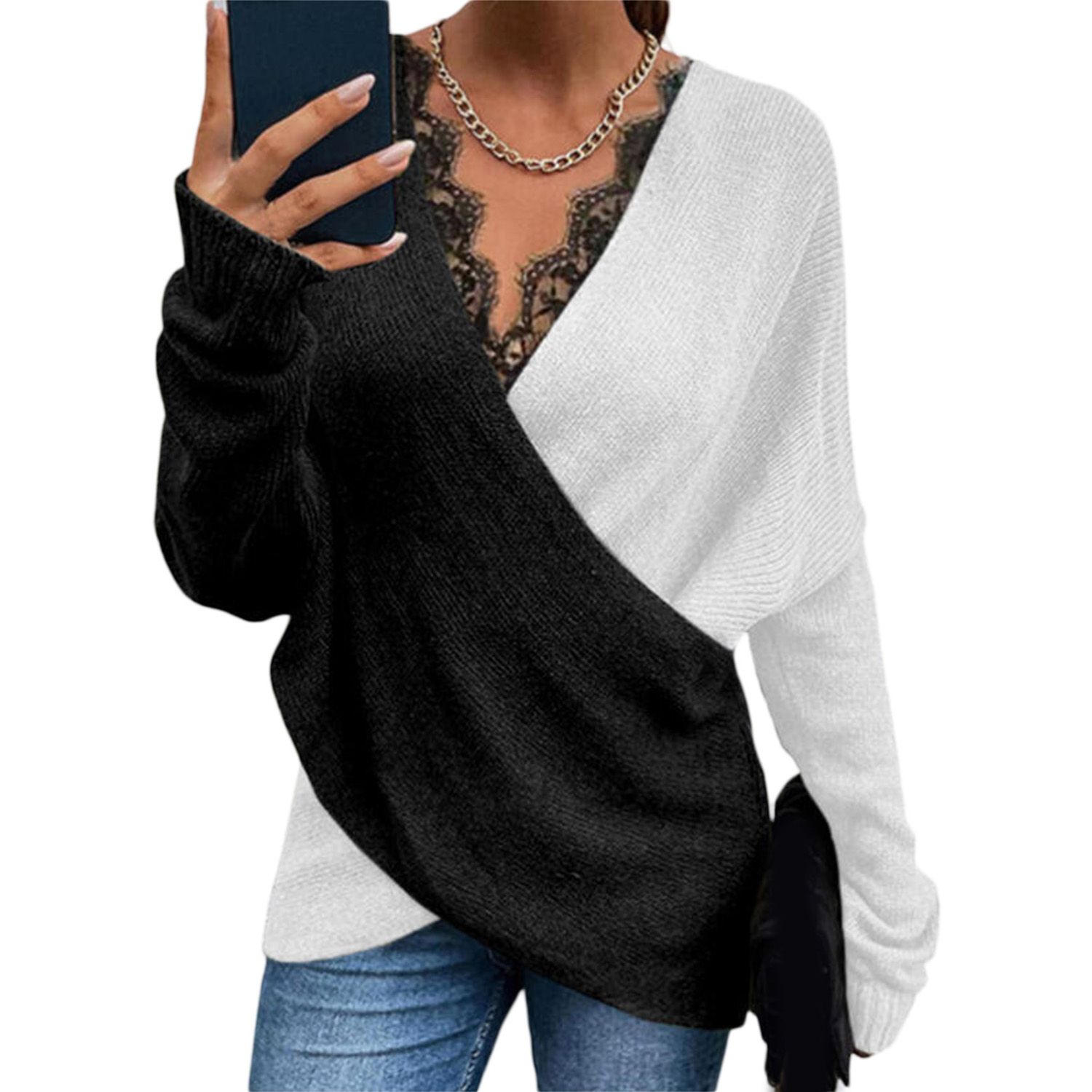 Women Top Long Sleeve Loose-fitting Contrast Color Pullover