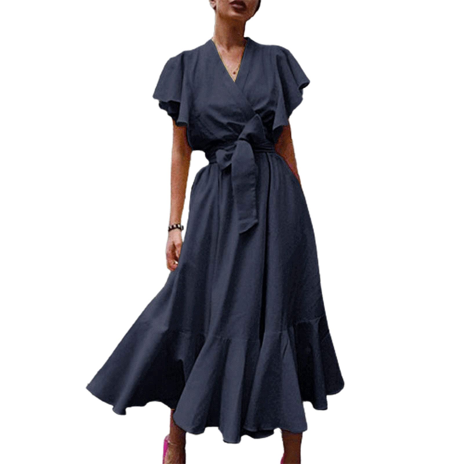 Ruffle Short Sleeve Maxi Dress High Waist Women Ruffle Large Hem V-neck Lacing Dress Sundress