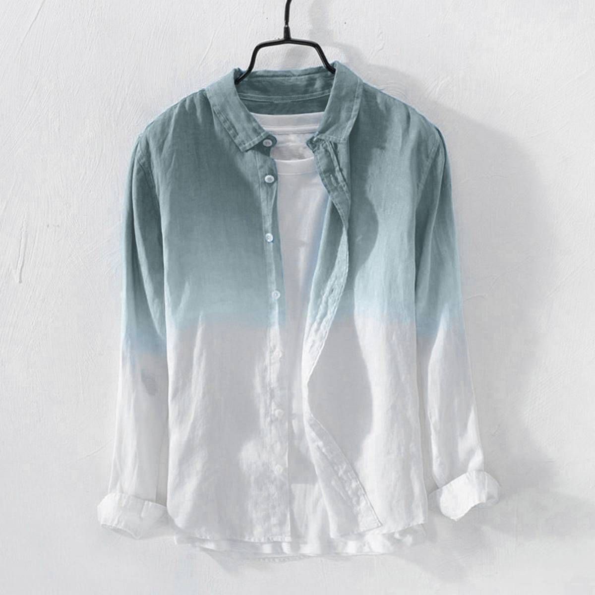 DuangDuang Summer Mens Cool Thin Breathable Lapel Collar Hanging Dyed Gradient Cotton Shirt