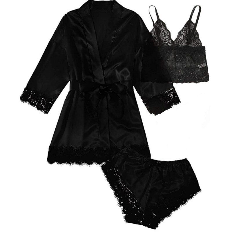 2022 Sexy Women's Pajamas Satin 4-piece Lace Silk Suspender Tops Shorts Robe Pajamas Set Nightgown Underwear Nightdress Suit
