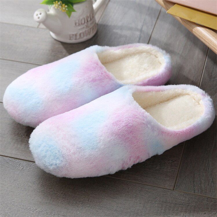 Women Home Slippers With Faux Flats Heel Winter Shoes Keep Warm Shoes For Woman Rainbow Basic Plus Size 41 42 43