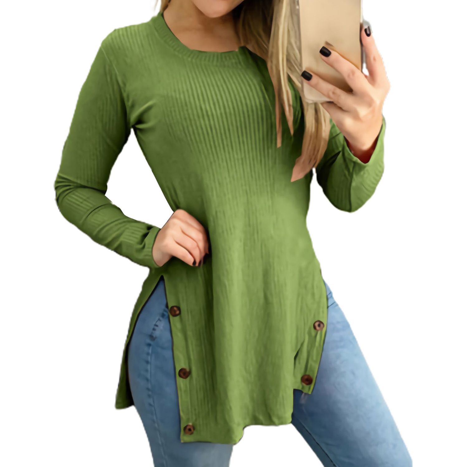 Slim Blouse O-neck Side Split Buttons Decor Ribbed Pullover