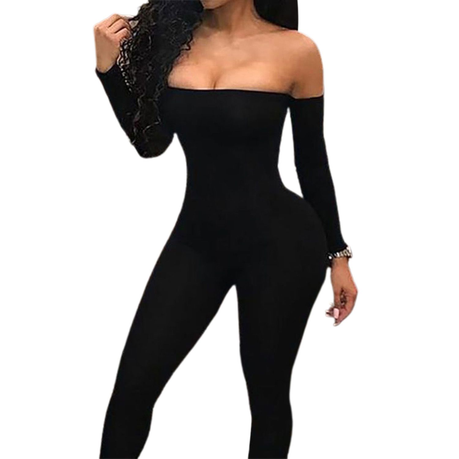 Women Solid Color Bodycon Playsuits, Off Shoulder Long Sleeve High Elastic Jumpsuits Outfits