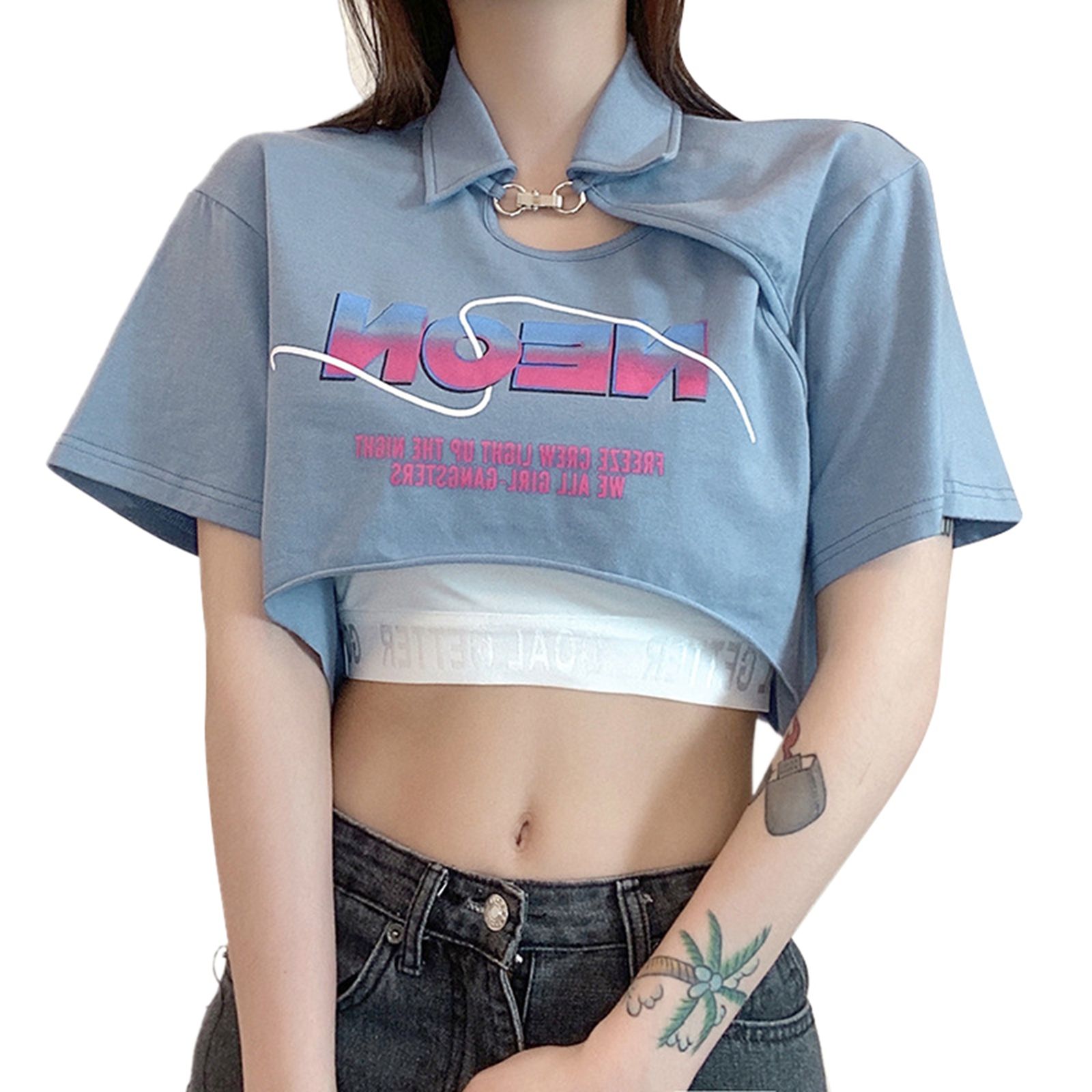 Women Casual Outfits Sets, Metal Buckle Lapel Asymmetric Letter Printed Short Sleeve Crop T-shirt with Off Shoulder Tube Tops