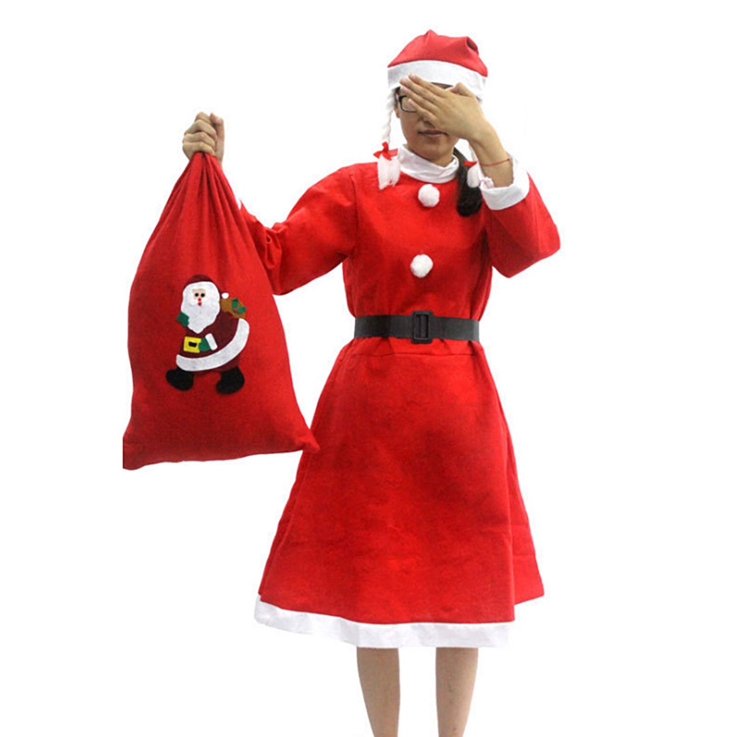 Santa Claus Costume Suit Belt Pompom Color Block Santa Claus Top Pants Beard Belt Hat
