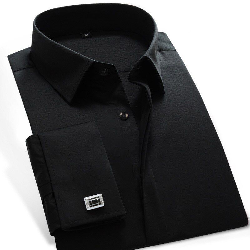 Men Dress Shirts French Cuff Blue White Long Sleeve Formal Wedding Business Casual Shirt Men Slim Fit French Cufflinks Shirt 5XL