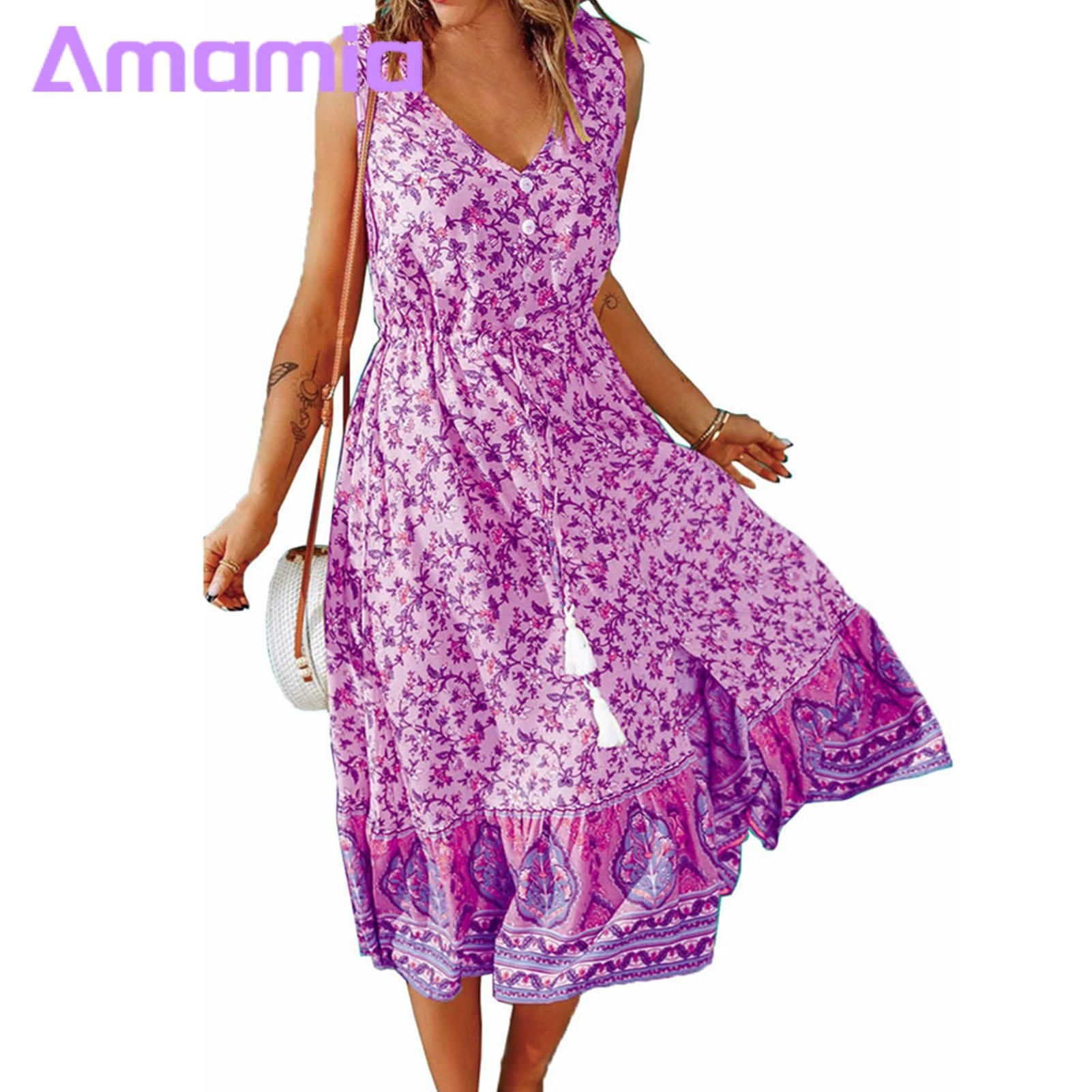 Amamia Casual Dress Stitching Large Hem Summer Buttons Women Dress