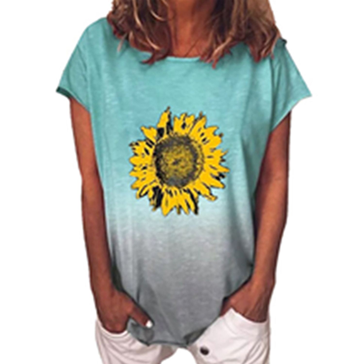 New Women's Rainbow Gradient T-shirt Short Sleeve Casual Loose Chrysanthemum Top Simple and Fashionable