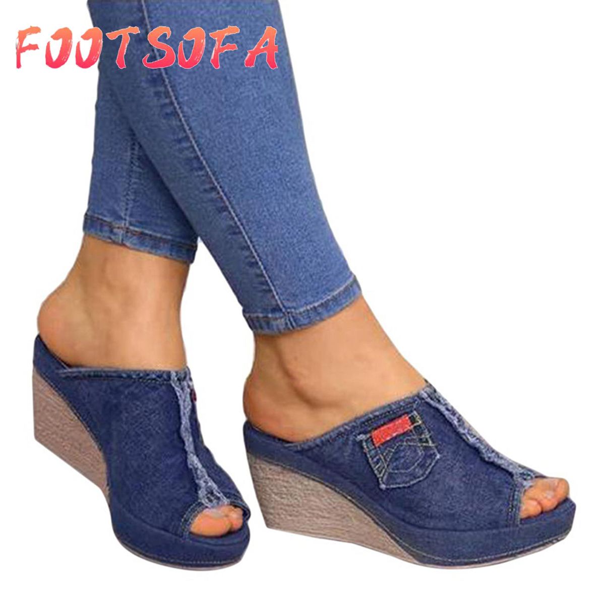 Spring and Summer Ladies Fashion Retro Denim Wedge Wedge Slippers
