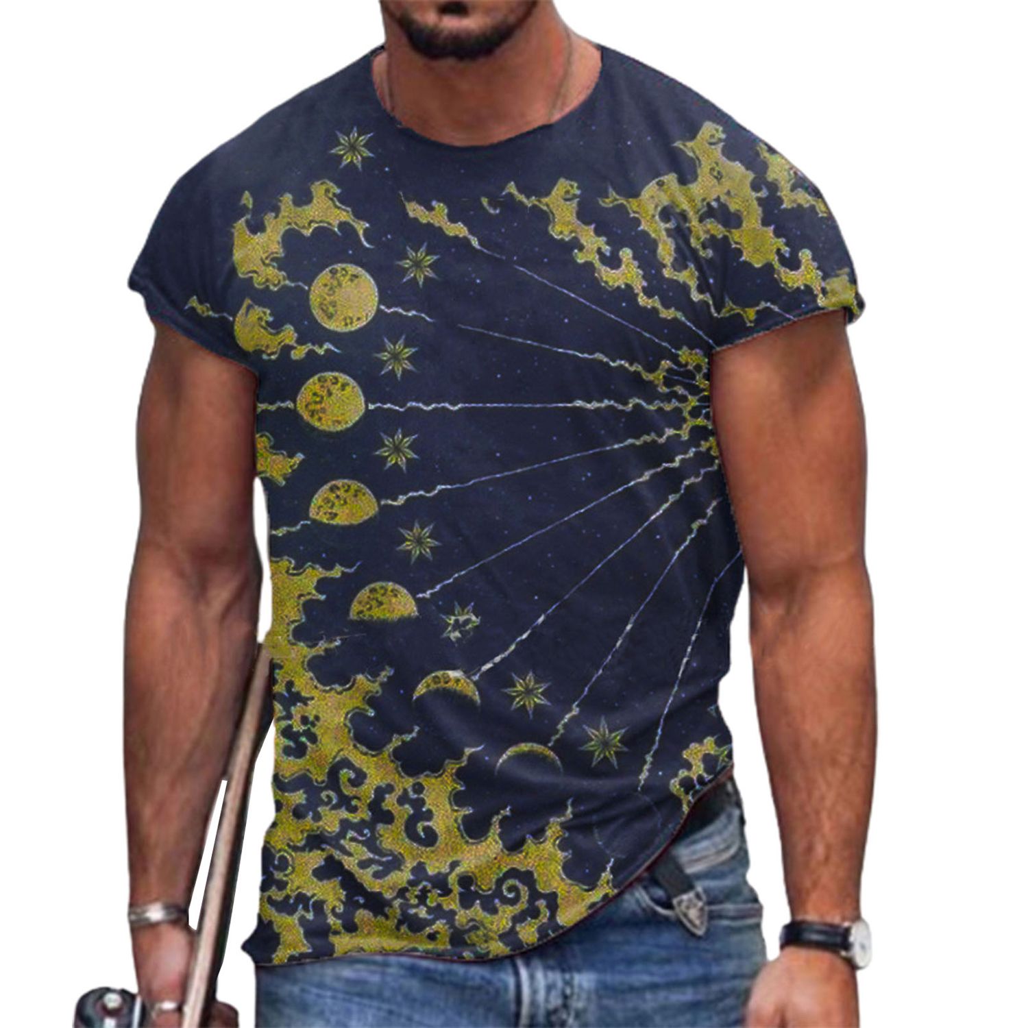 Men Top Stretchy Men Summer Print T-shirt