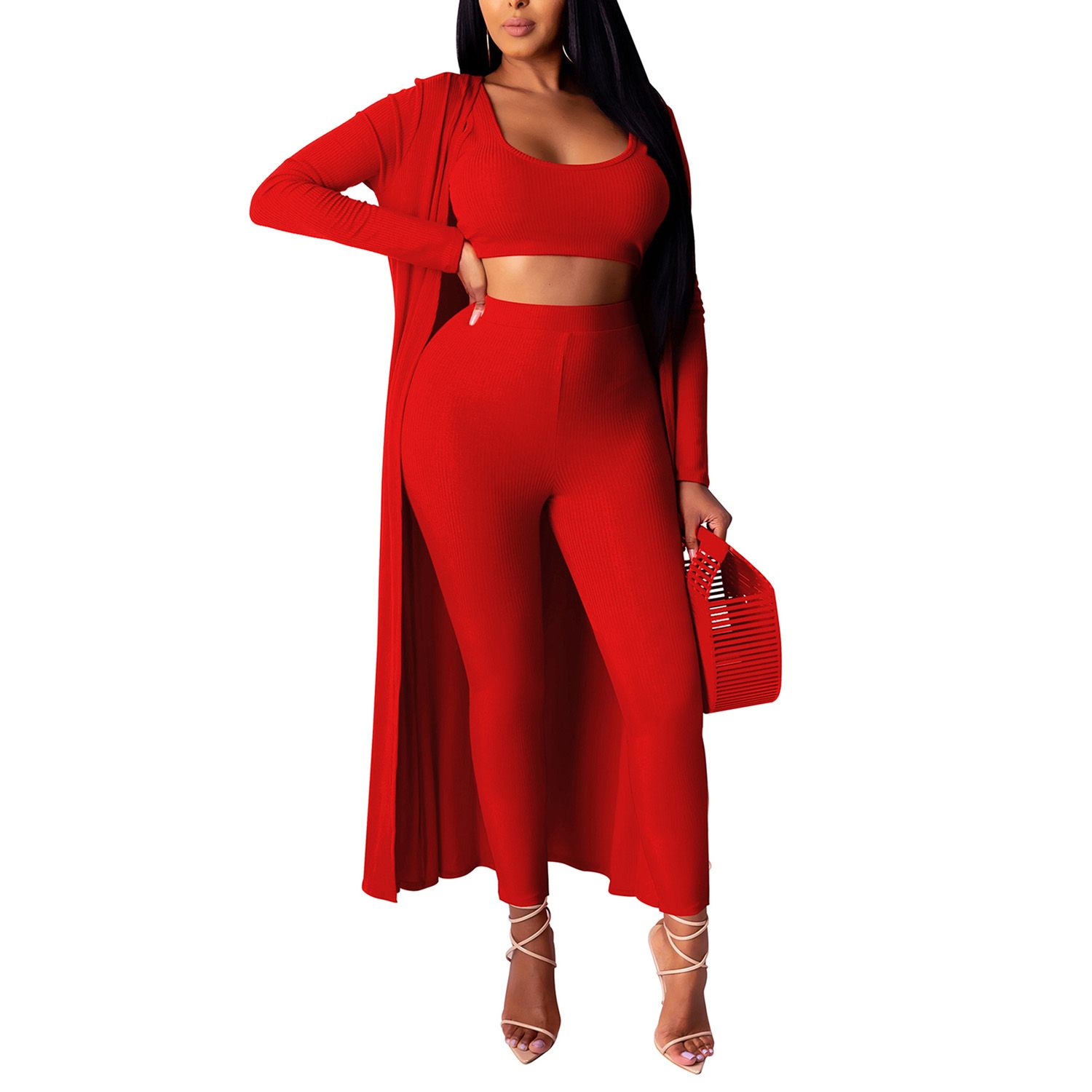 Women Sexy Three-piece Clothes Set, Solid Color U-shaped Vest + Cardigan + Long Pants, Orange/ Black/ Light blue/ Pink/ Red