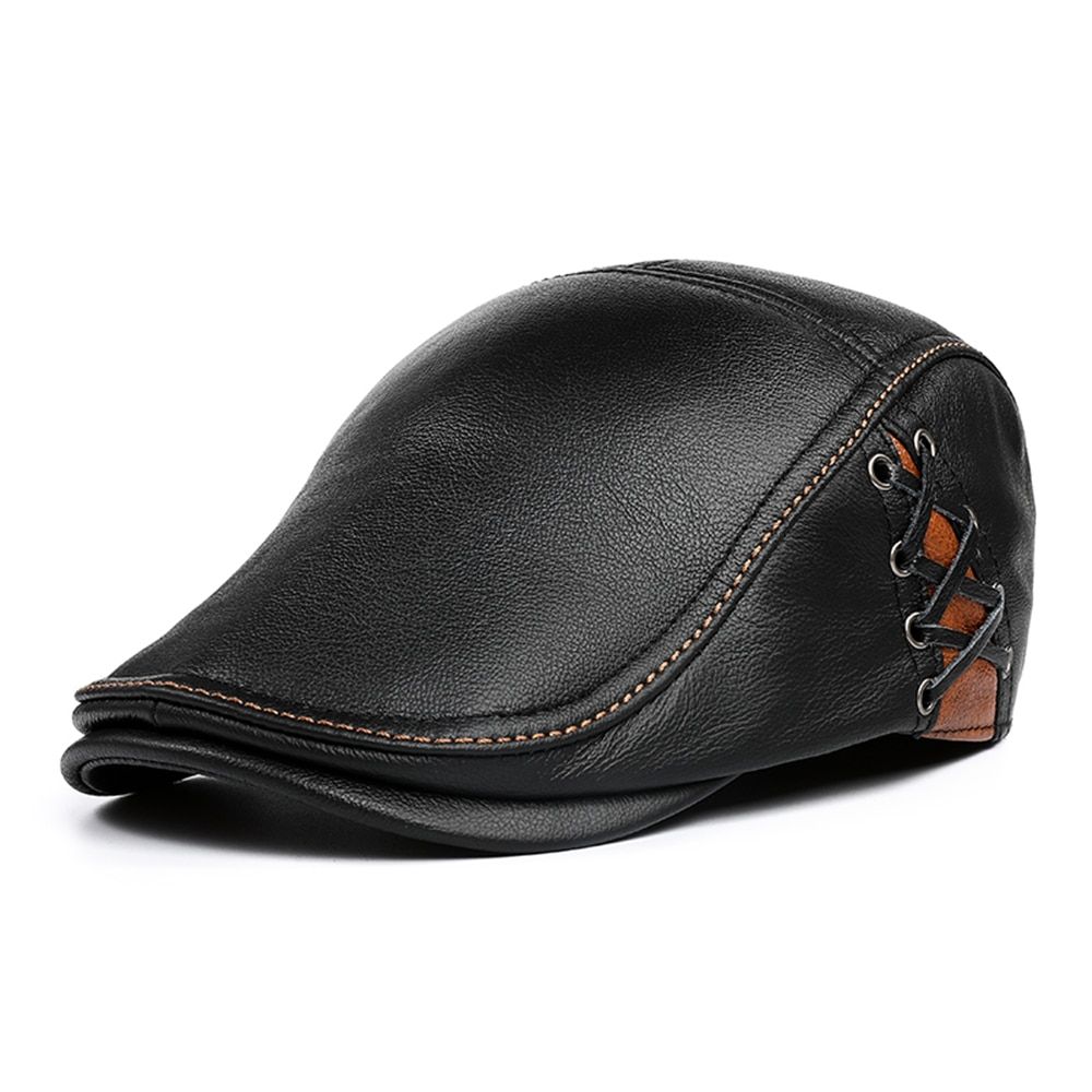 Flat Cap for Men Autumn Winter Leather Male Beret Patchwork High Quality Black Brown British Style Men's Ivy Cap