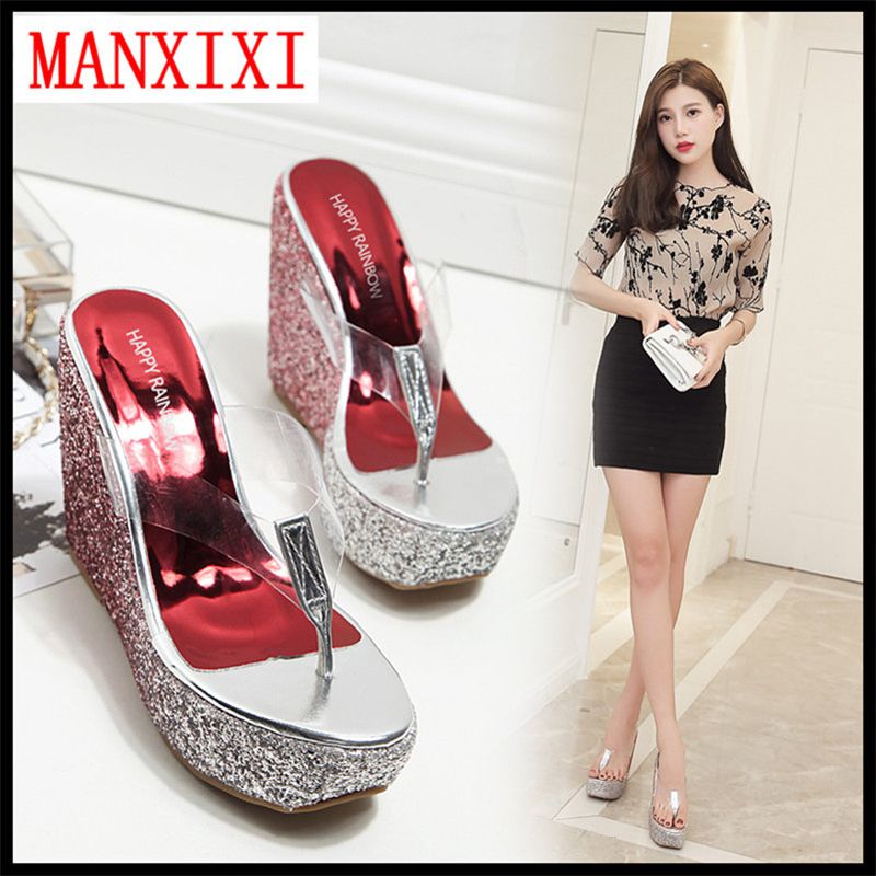 Brand Korean Version Wedge Sandals Transparent Slippers Clip Toe High Heels 4.72 Inches Shoes For Women (34-40 Size)