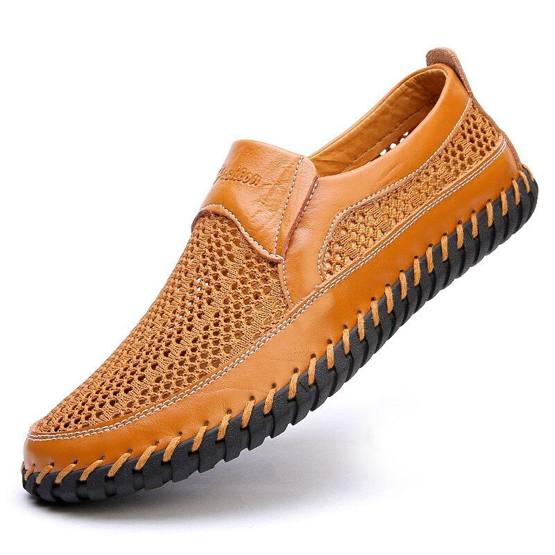 Men Casual Leather Mesh Loafers Men Sneakers 2022 New Summer Fashion Rubber Male Comfortable Breathable Footwear Black Men Shoes