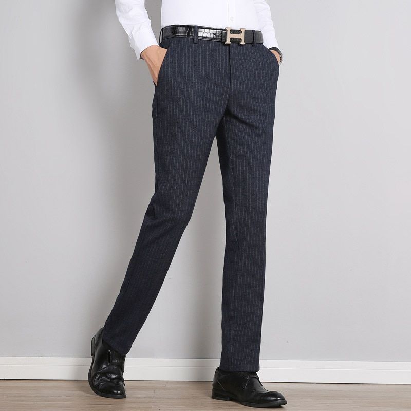 Winter Stripe Office Dress Man Clasic Business Mens Formal Trousers Warm Men Casual Suit Slim Pants Pantalon De Costume Homme