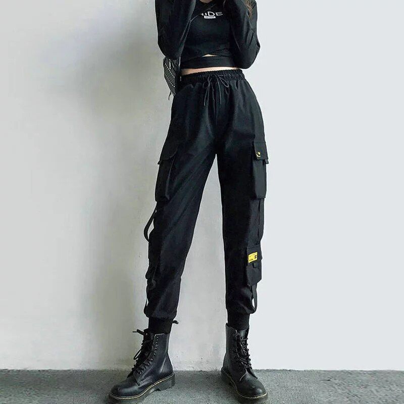 Women's Cargo Pants Black Ribbon Pocket Jogger Elastic Waist High Streetwear Harajuku Pant Punk Females Trousers Harem Pants